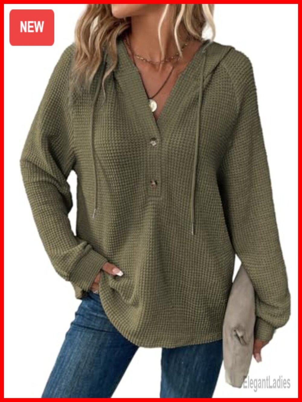 Waffle Knit Hoodie Button V Neck Oversized Sweatshirt